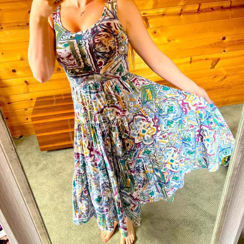 Vintage blue square dancing tank top long dress geometric print summer large